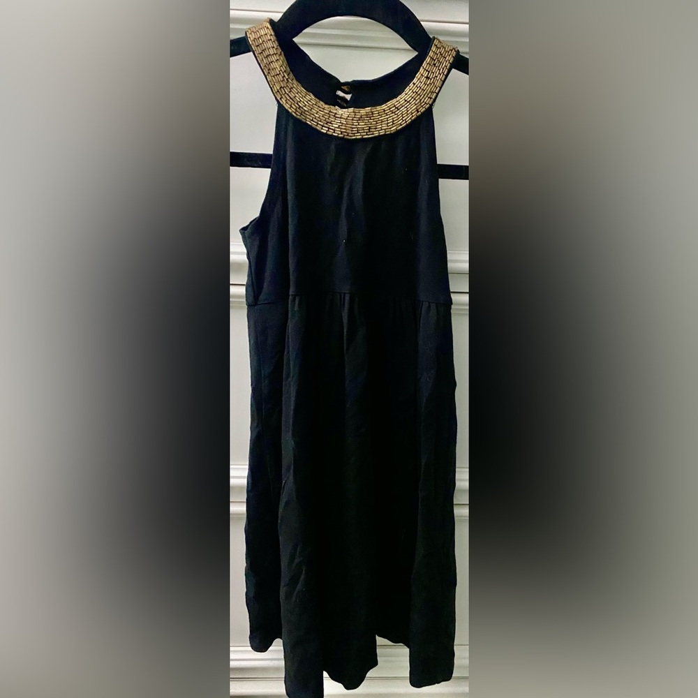 Flowers by Zoe Girls Sz5 Black Dress with Gold Bugle Beads Collar Embellishment